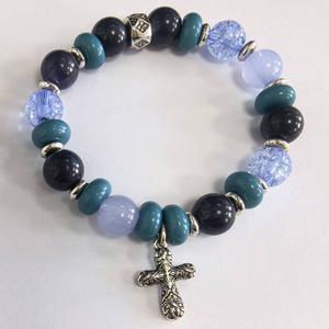 Beautiful Blessings Blue Tonal Stretch Bracelet with Cross Charm