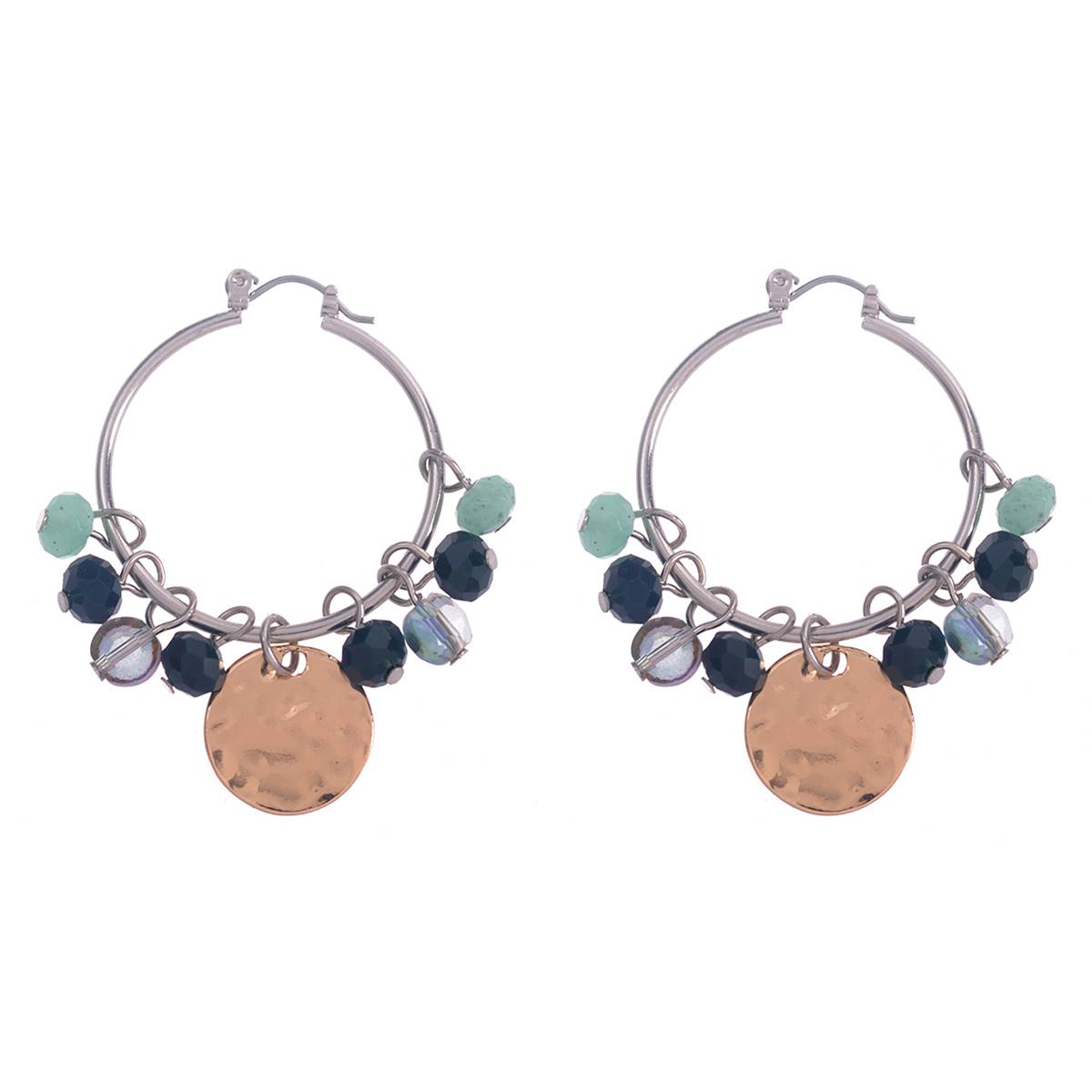 Ashley Cooper(tm) Rhodium Hoop Earrings W/ Green Beads & Disc