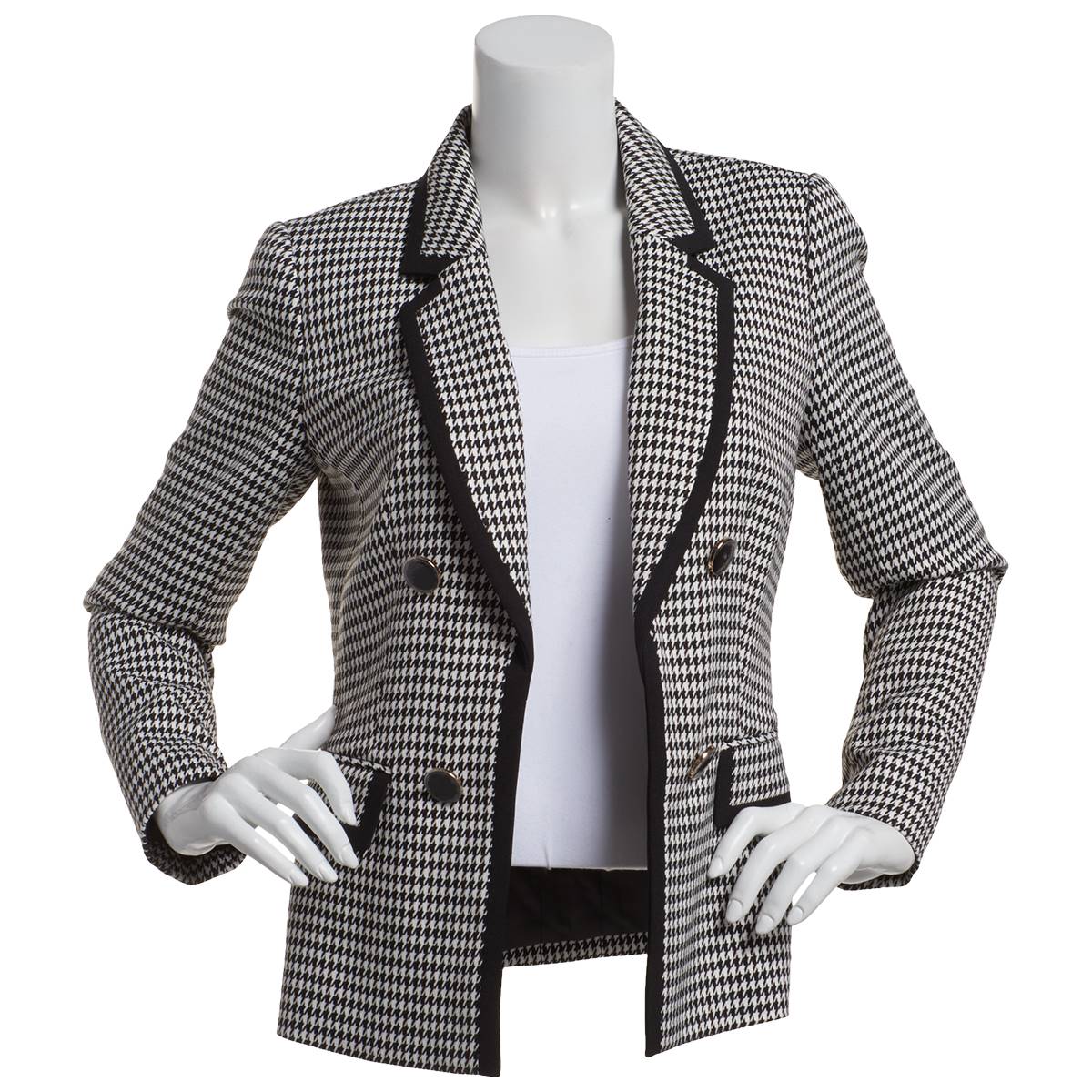 Petites Kasper Long Sleeve Double Breasted Houndstooth Jacket