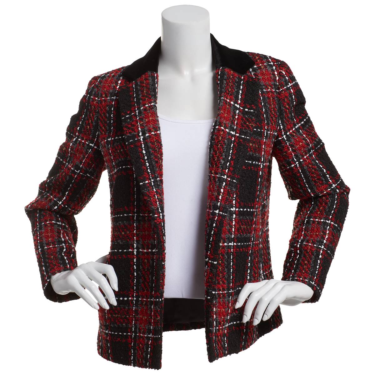 Womens Kasper Long Sleeve Open Plaid Velvet Collar Jacket