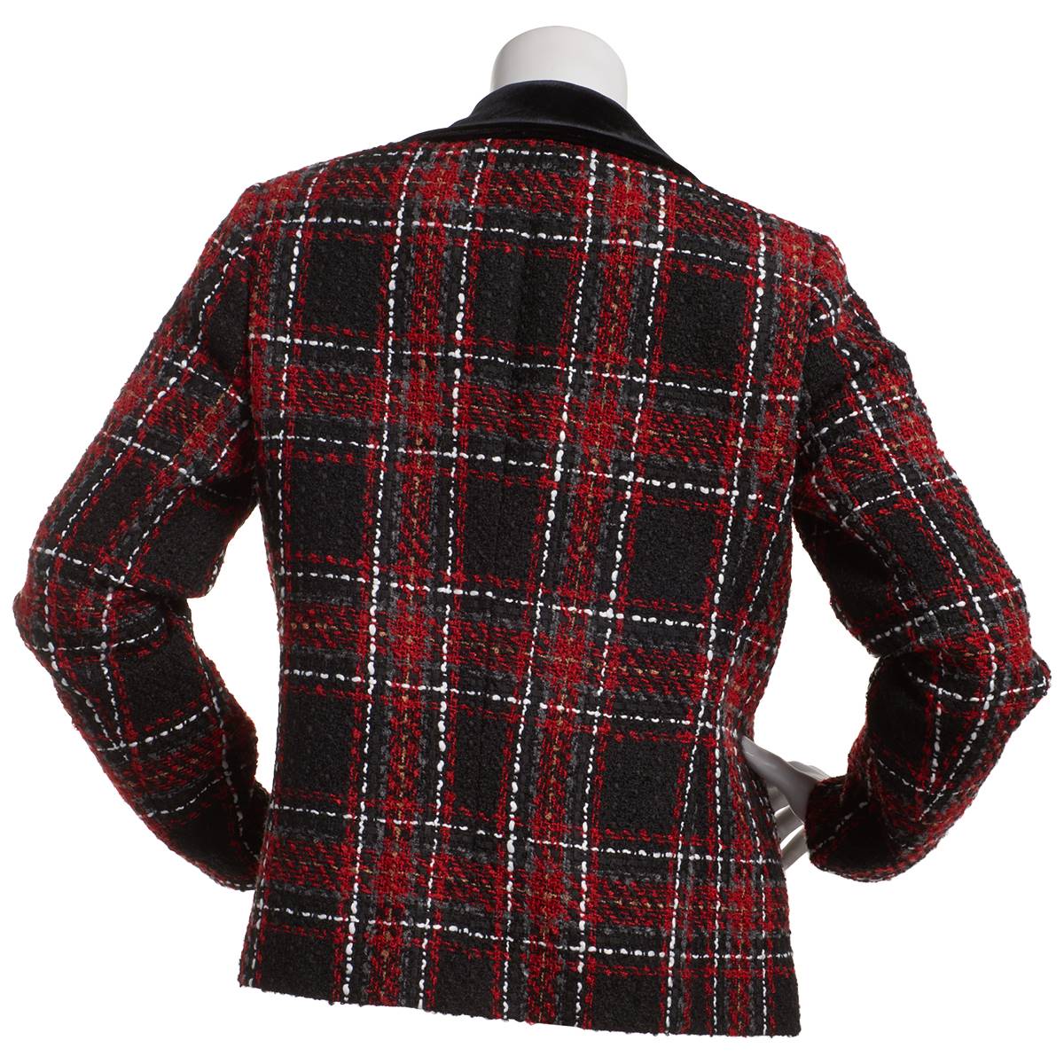 Womens Kasper Long Sleeve Open Plaid Velvet Collar Jacket