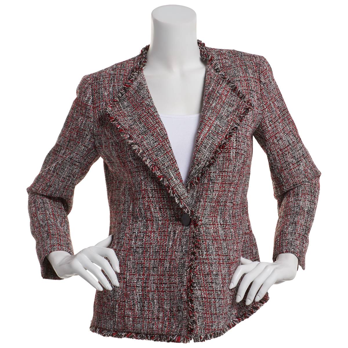 Petite Kasper One Button Tweed Jacket With Fringe