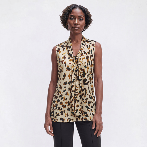 Kasper Womens Tie Neck Satin Animal Print Blouse Mid Rise Straight Leg Stretch Crepe Pants Two Button Blazer