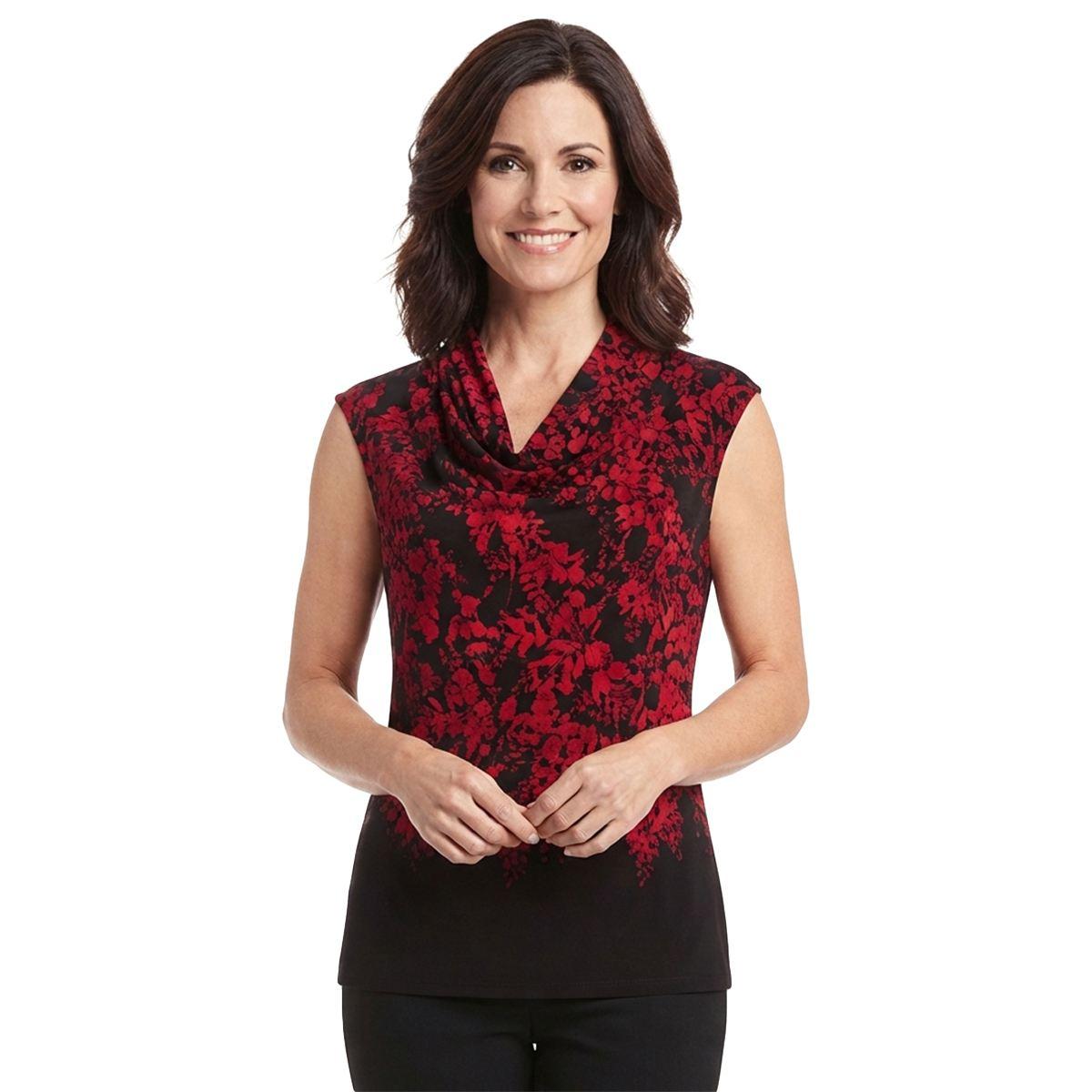 Kasper Women's Sleeveless Stretch Jersey Drape Neck Floral Print Cami Top - Black Multi