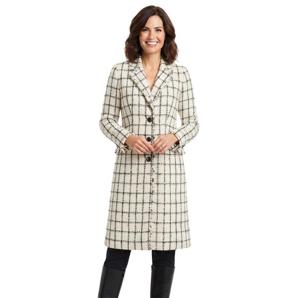 Womens Kasper Long Sleeve Windowpane Plaid Fringe Collar Jacket