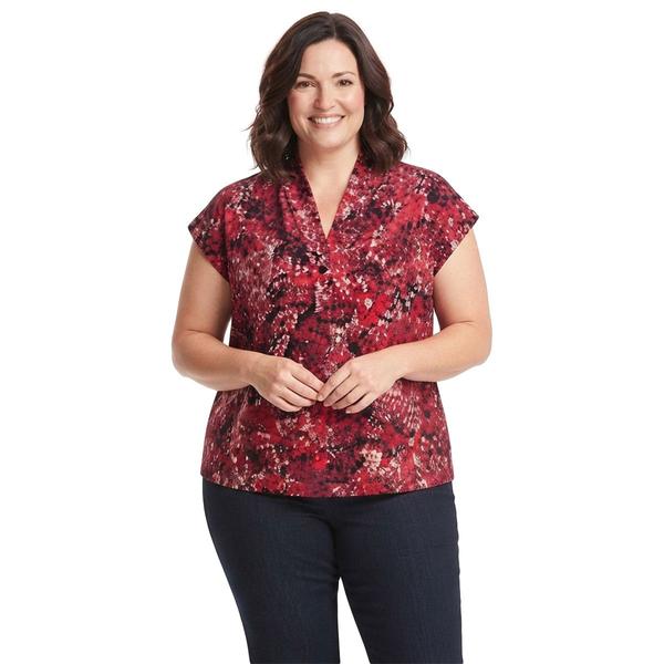 Plus Size Kasper Cap Sleeve Dot Pleated V-Neck Blouse