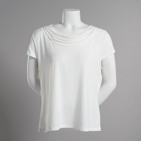 Petite Kasper Solid Short Sleeve Drape Neck Blouse
