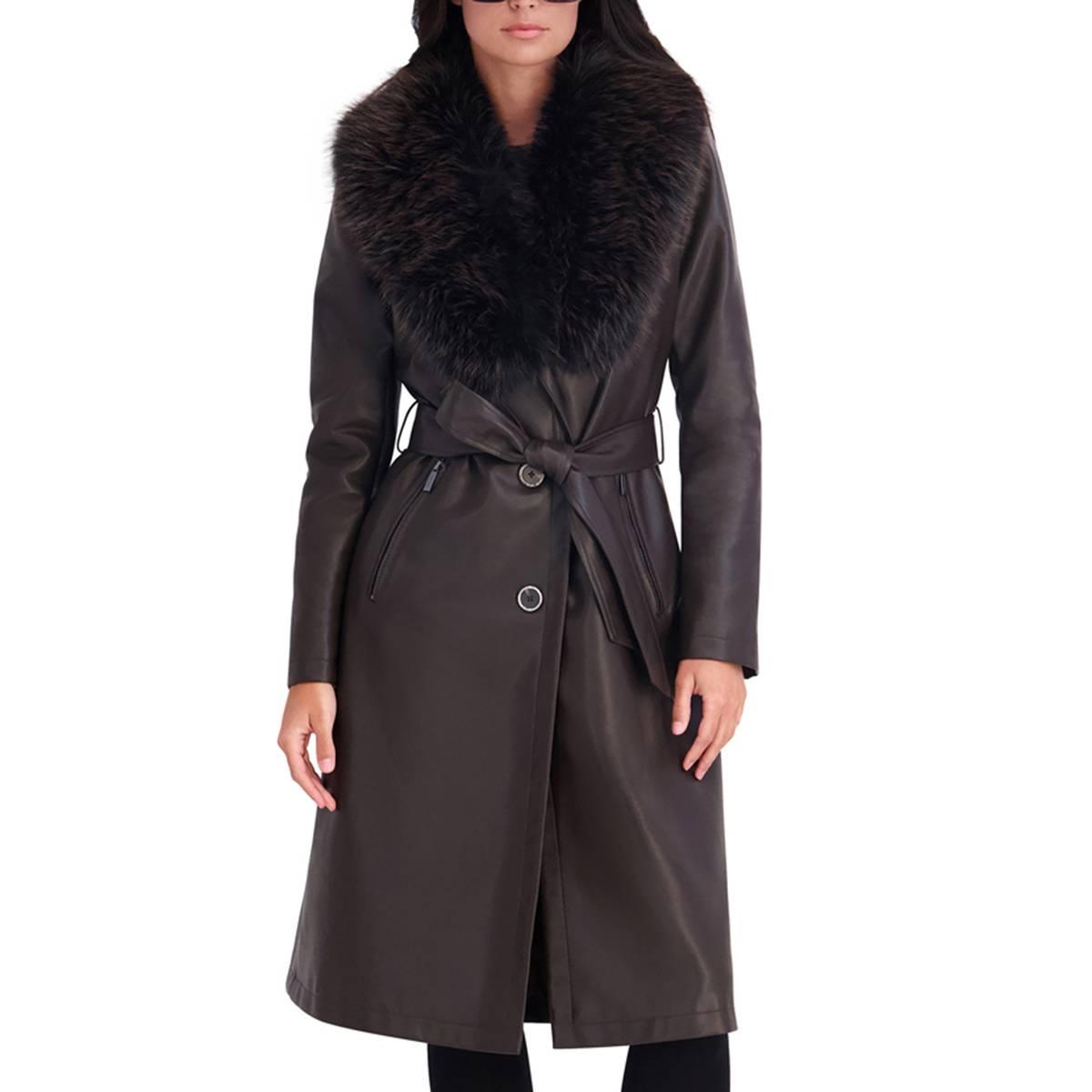 Womens Kenneth Cole(R) Faux Leather Trench Coat w/ Faux Fur Collar