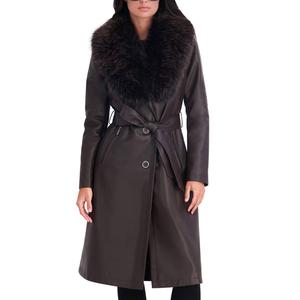 Womens Kenneth Cole(R) Faux Leather Trench Coat w/ Faux Fur Collar