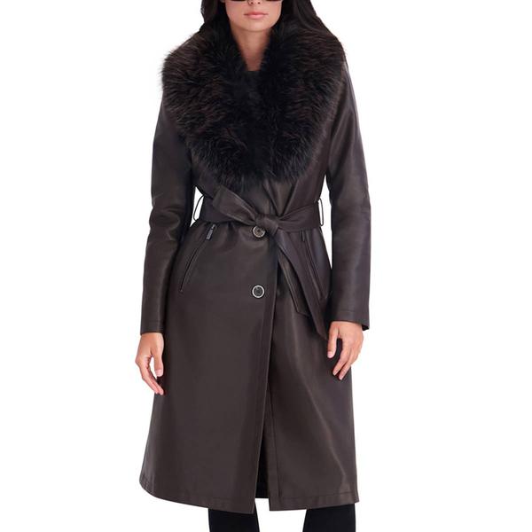 Womens Kenneth Cole(R) Faux Leather Trench Coat w/ Faux Fur Collar