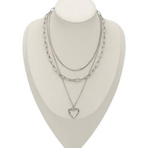 Ashley Silver 3-Row Layered Cut-Out Heart Pendant Necklace