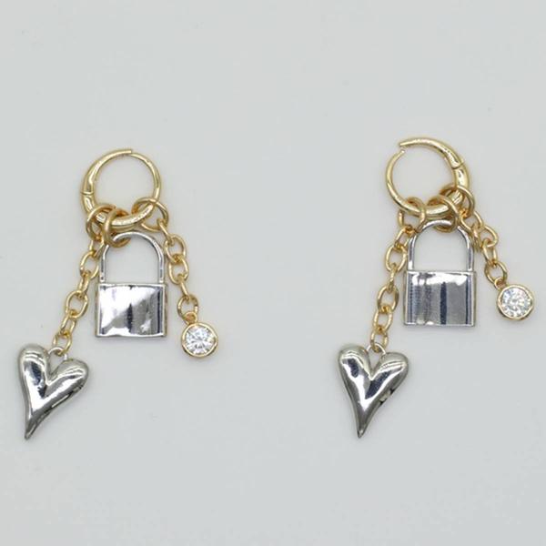 Ashley Two-Tone Lock & Heart Charm Dangle Hoop Earrings