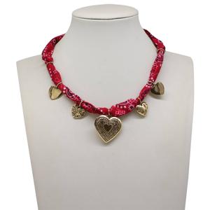 Ashley Red Bandana Scarf Necklace w/ Gold-Tone Heart Charms