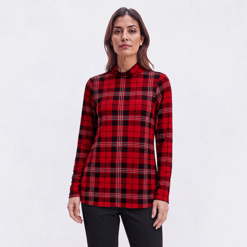 Womens Inner Circle Holiday Plaid Turtleneck Tee - Red