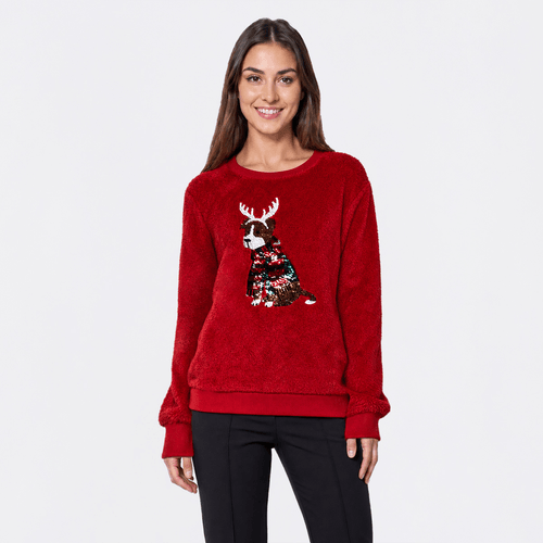 Womens Inner Circle Puppy Scarf Sequin Sherpa Sweatshirt