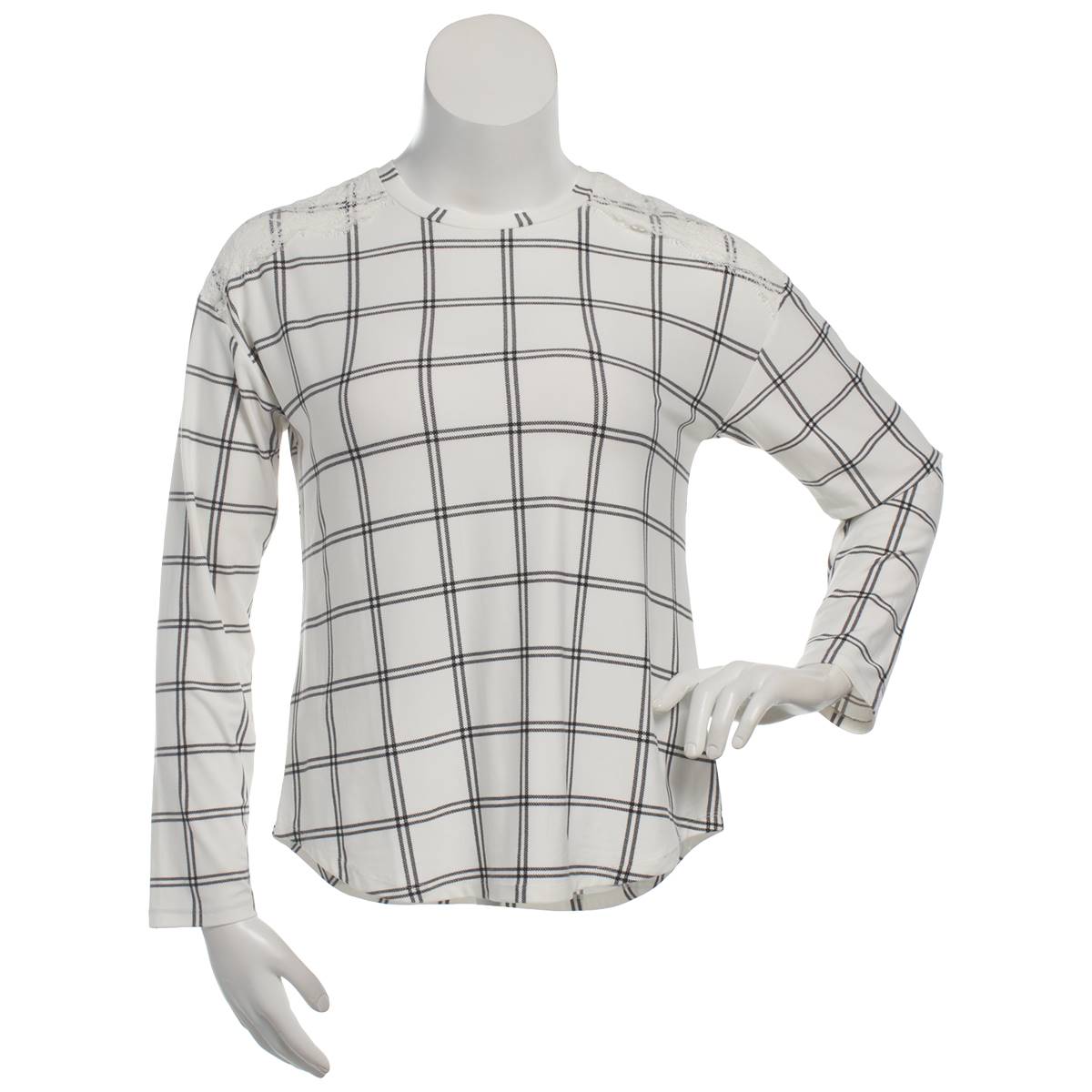 Womens Inner Circle Double Pane Lace Shoulder Checkered Tee