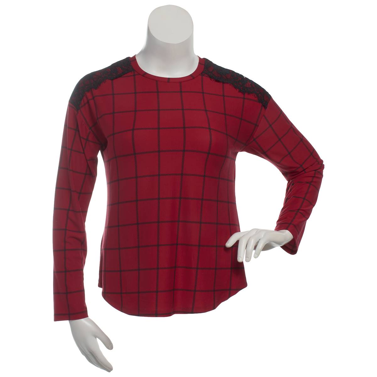 Plus Size Inner Circle Double Pane Lace Shoulder Red Check Tee