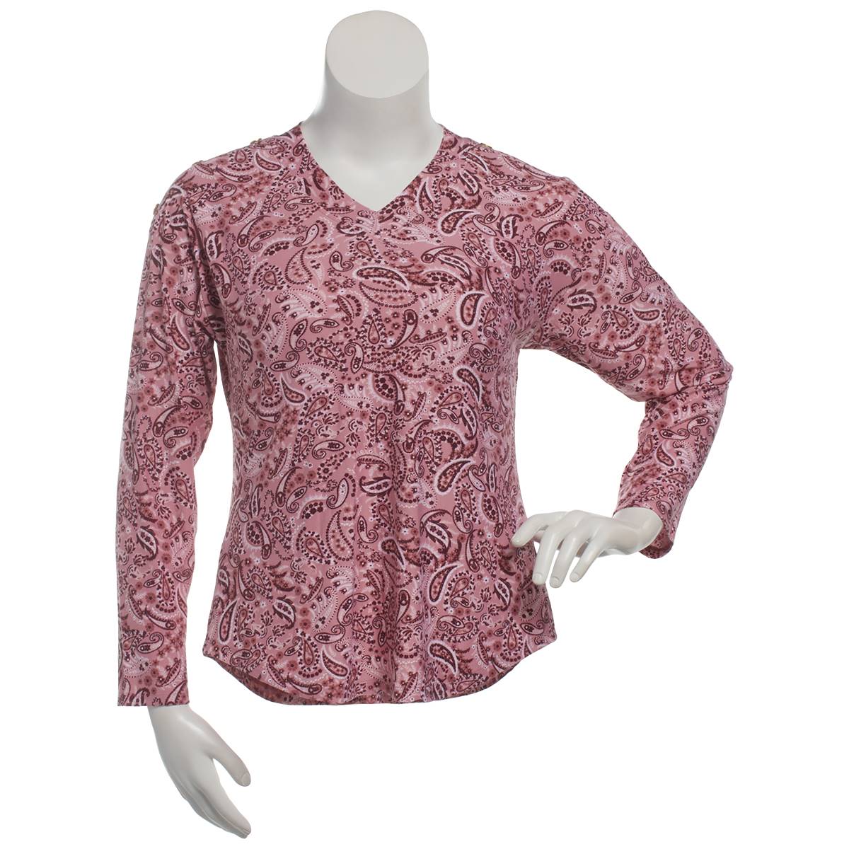 Womens Inner Circle Button Shoulder Paisley V-Neck Tee