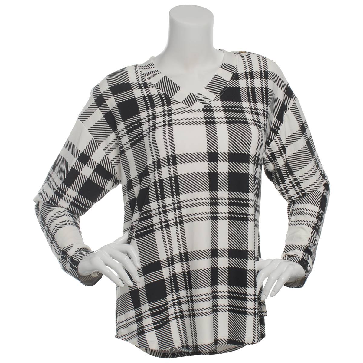 Womens Inner Circle Button Shoulder Cabin Plaid V-Neck Tee