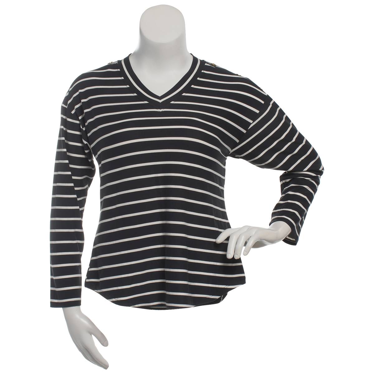 Womens Inner Circle Button Shoulder Stripe V-Neck Tee