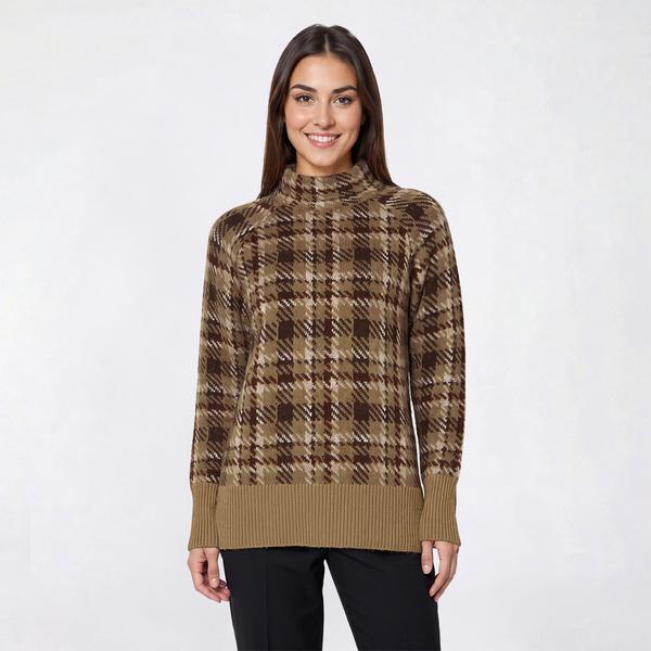 Womens Inner Circle Long Sleeve Plaid Mock Neck Sweater - Taupe