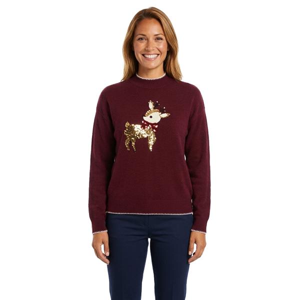Womens Inner Circle Long Sleeve Sequin Deer Sweater