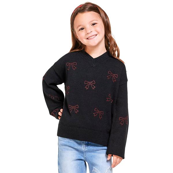 Girls (4-6x) Jolie & Joy Bow Rhinestone V-Neck Sweater