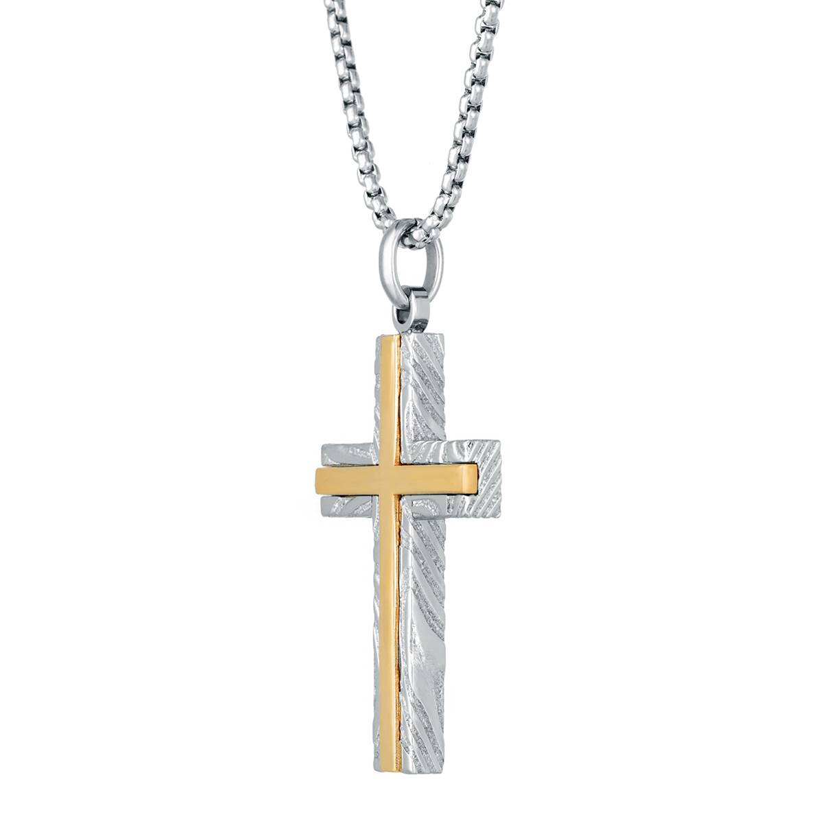 Mens Lynx Damascus Steel 24in. Gold-Tone IP Cross Chain Pendant