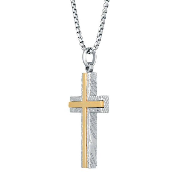 Mens Lynx Damascus Steel 24in. Gold-Tone IP Cross Chain Pendant alternate view