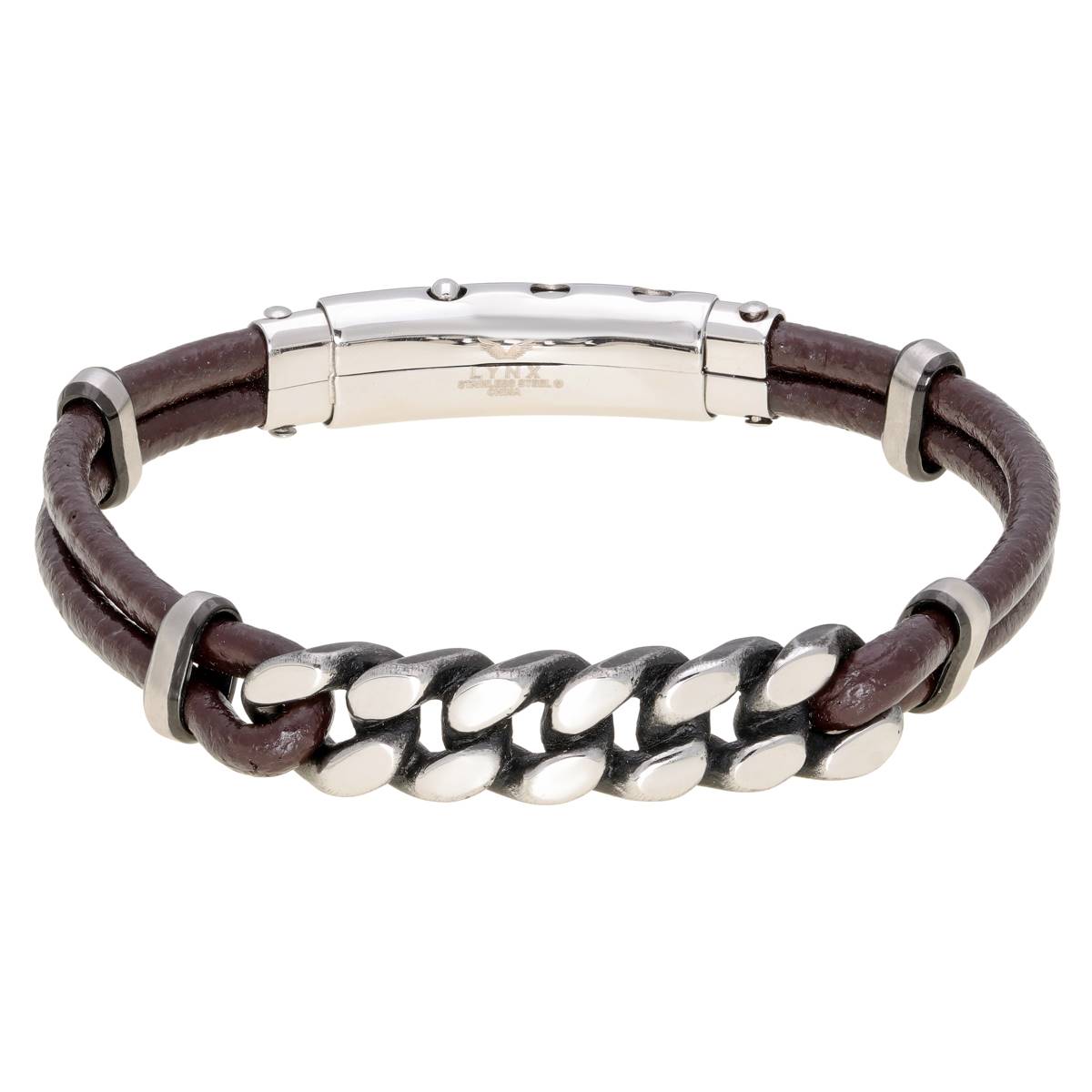 Mens Lynx Stainless Steel & Brown Leather Bracelet