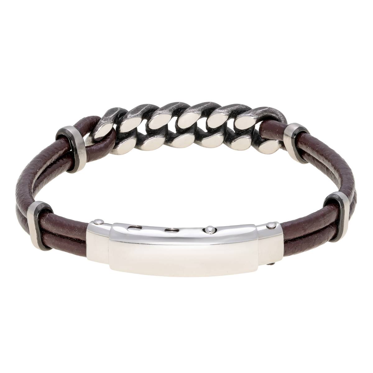 Mens Lynx Stainless Steel & Brown Leather Bracelet