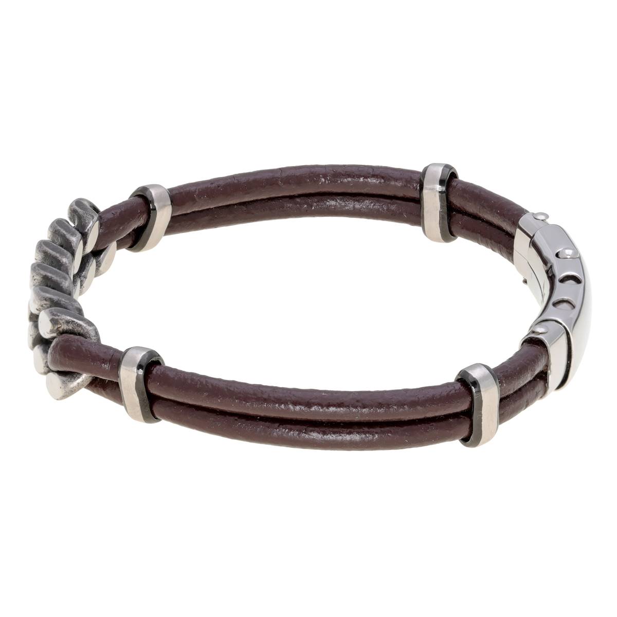 Mens Lynx Stainless Steel & Brown Leather Bracelet