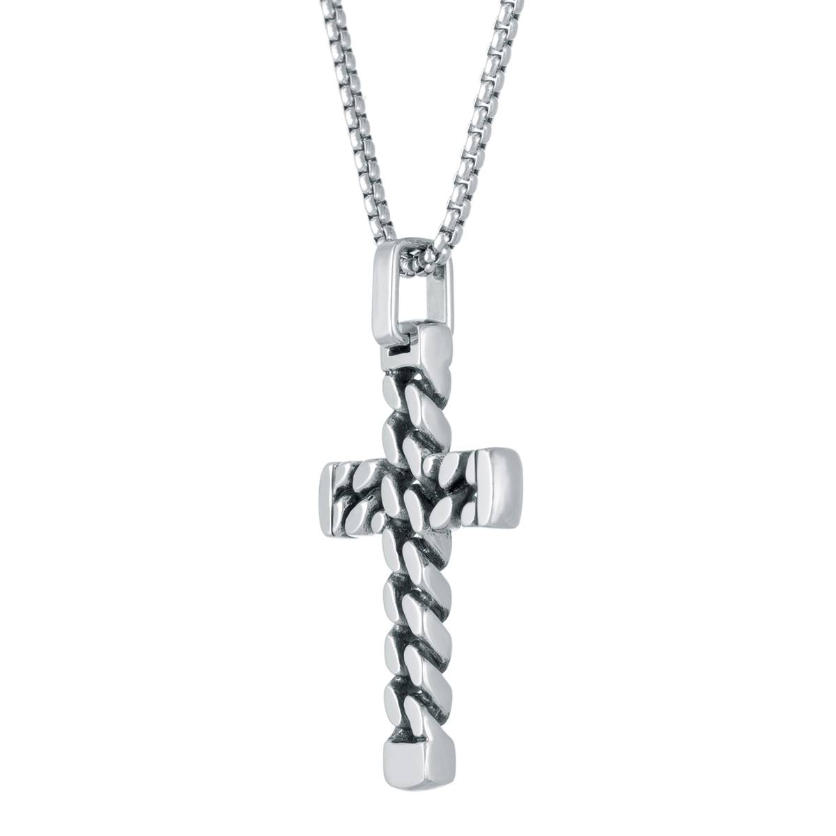 Mens Lynx Stainless Steel 24in. Curb Chain Design Cross Pendant