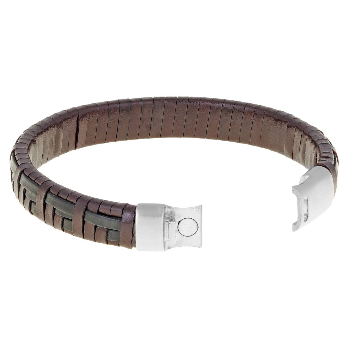 Mens Lynx Stainless Steel Brown & Black Leather Bracelet