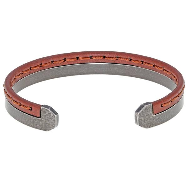 Mens Lynx Stainless Steel Stitched Leather Cuff Bangle Bracelet alternate view