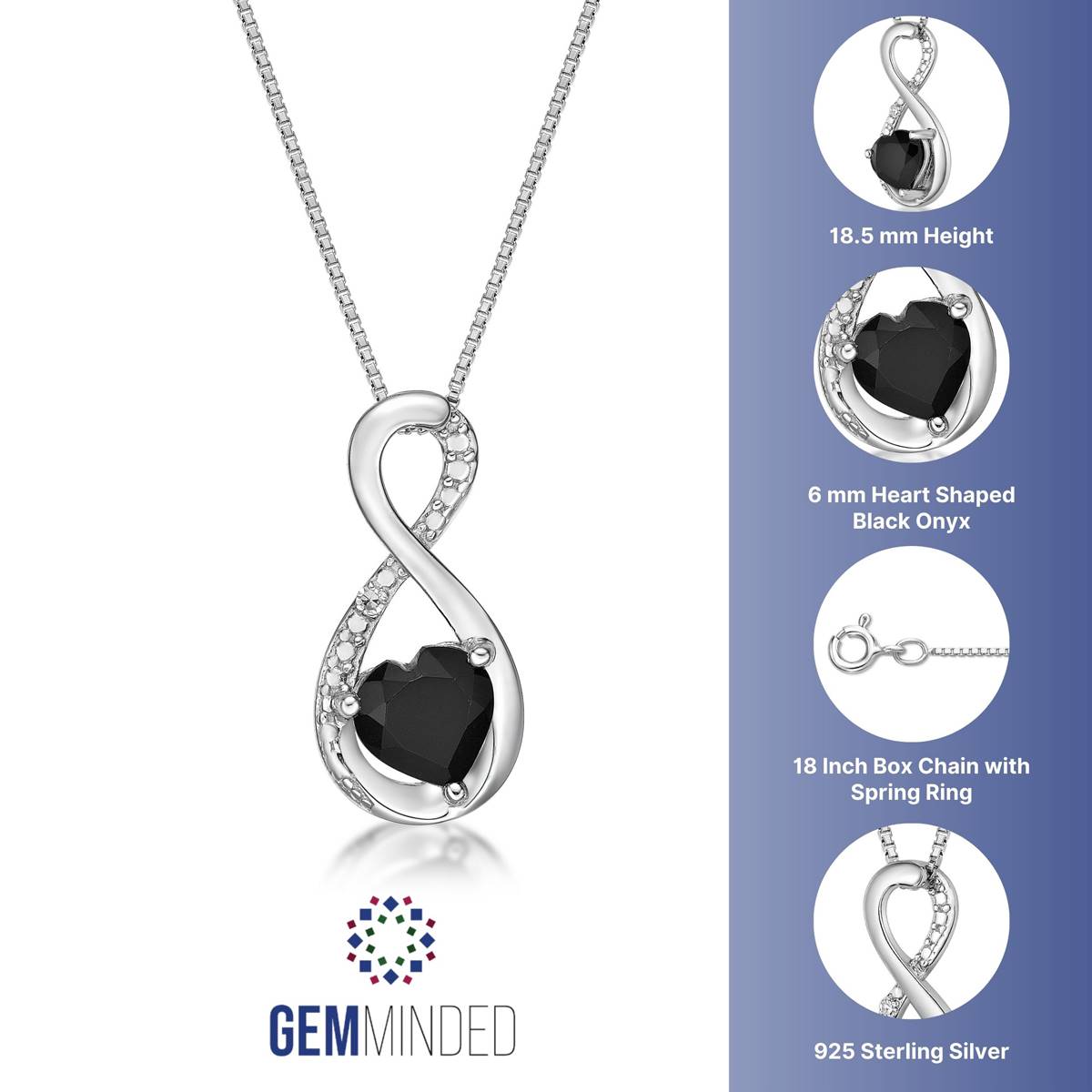 Gemminded Sterling Silver 6mm Heart Black Onyx Pendant