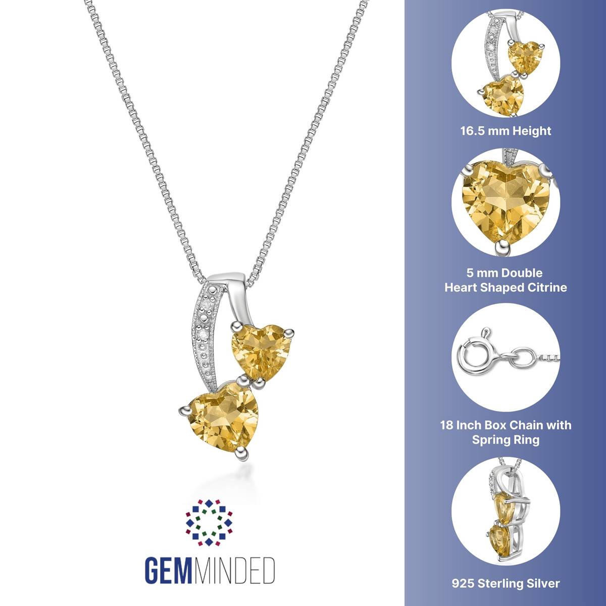 Gemminded Sterling Silver 5mm Double Heart Citrine Pendant