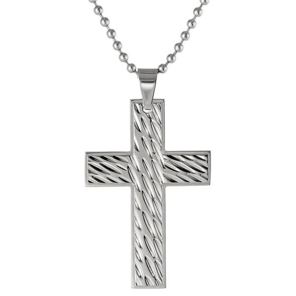 Mens Lynx Stainless Steel Ball Chain Textured Cross Pendant