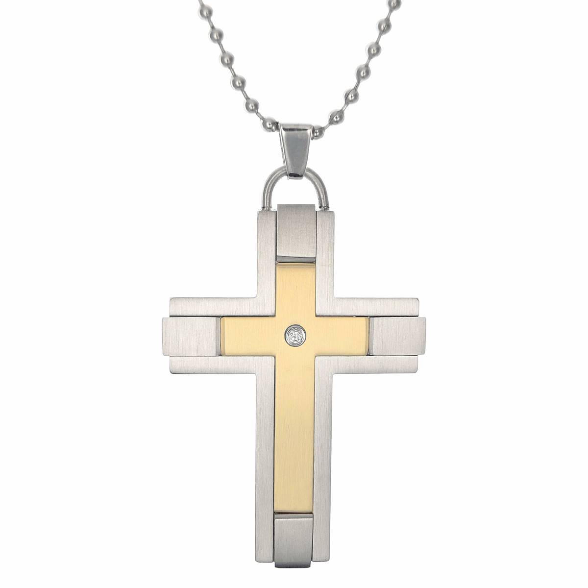 Mens Lynx Stainless 1/8ctw. Diamond & Gold-Tone IP Cross Pendant