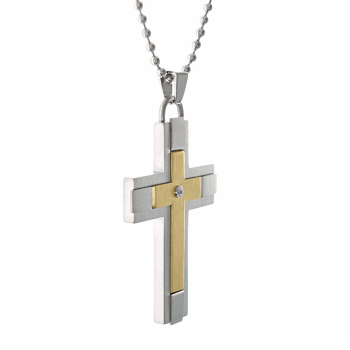 Mens Lynx Stainless 1/8ctw. Diamond & Gold-Tone IP Cross Pendant