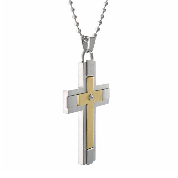 Mens Lynx Stainless 1/8ctw. Diamond & Gold-Tone IP Cross Pendant alternate view