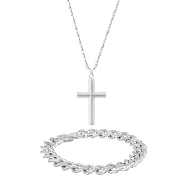Mens Lynx Stainless Steel Curb Chain Cross Pendant & Bracelet Set