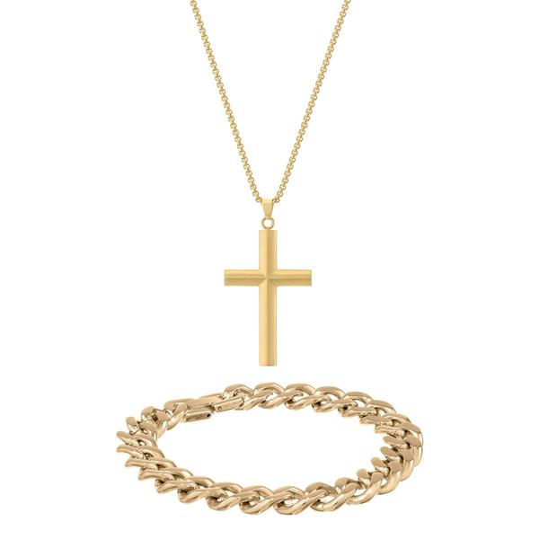 Mens Lynx Gold-Tone Curb Chain Cross Pendant & Bracelet Set