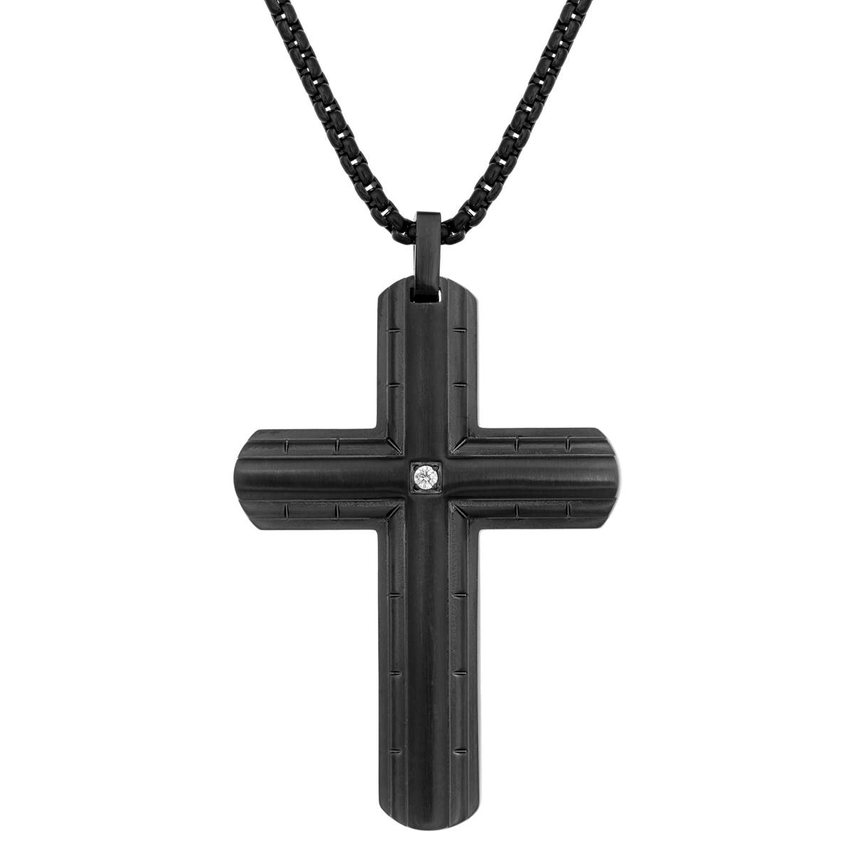 Mens Lynx Black Ion-Plating & 1/8ctw. Diamond Cross Pendant