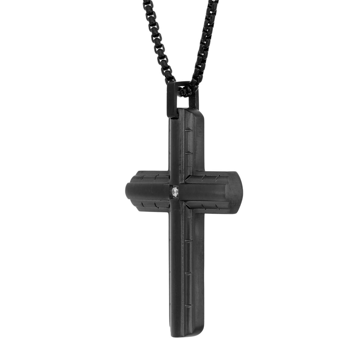 Mens Lynx Black Ion-Plating & 1/8ctw. Diamond Cross Pendant