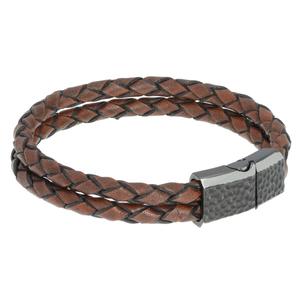 Mens Lynx Stainless Steel & Braided Brown Leather Bracelet