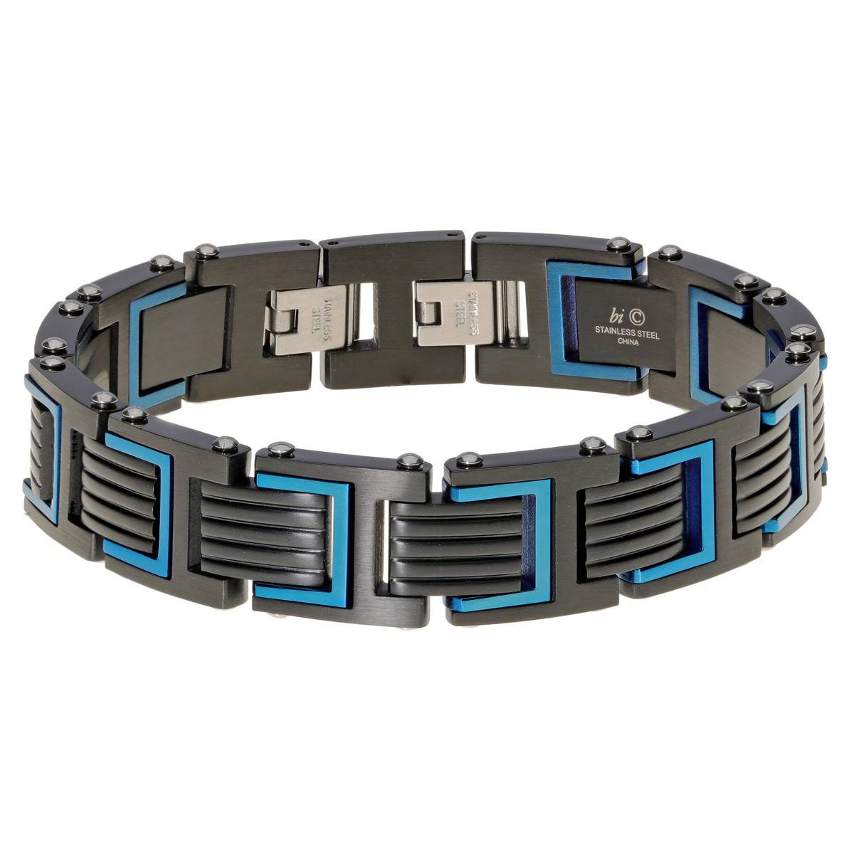Mens Lynx Stainless Steel Blue & Black Ion-Plated Bracelet