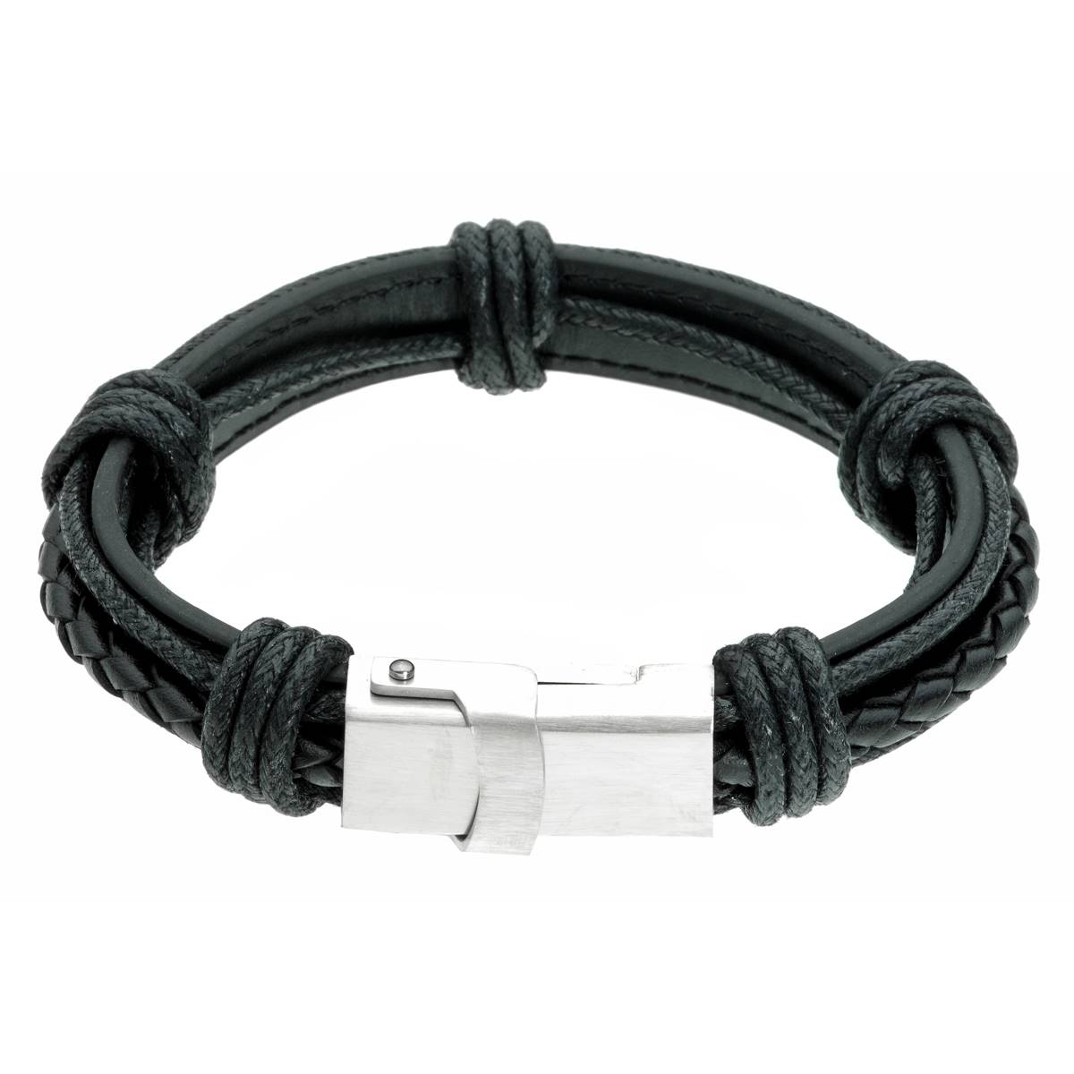 Mens Lynx Stainless Steel & Black Leather USB Charger Bracelet