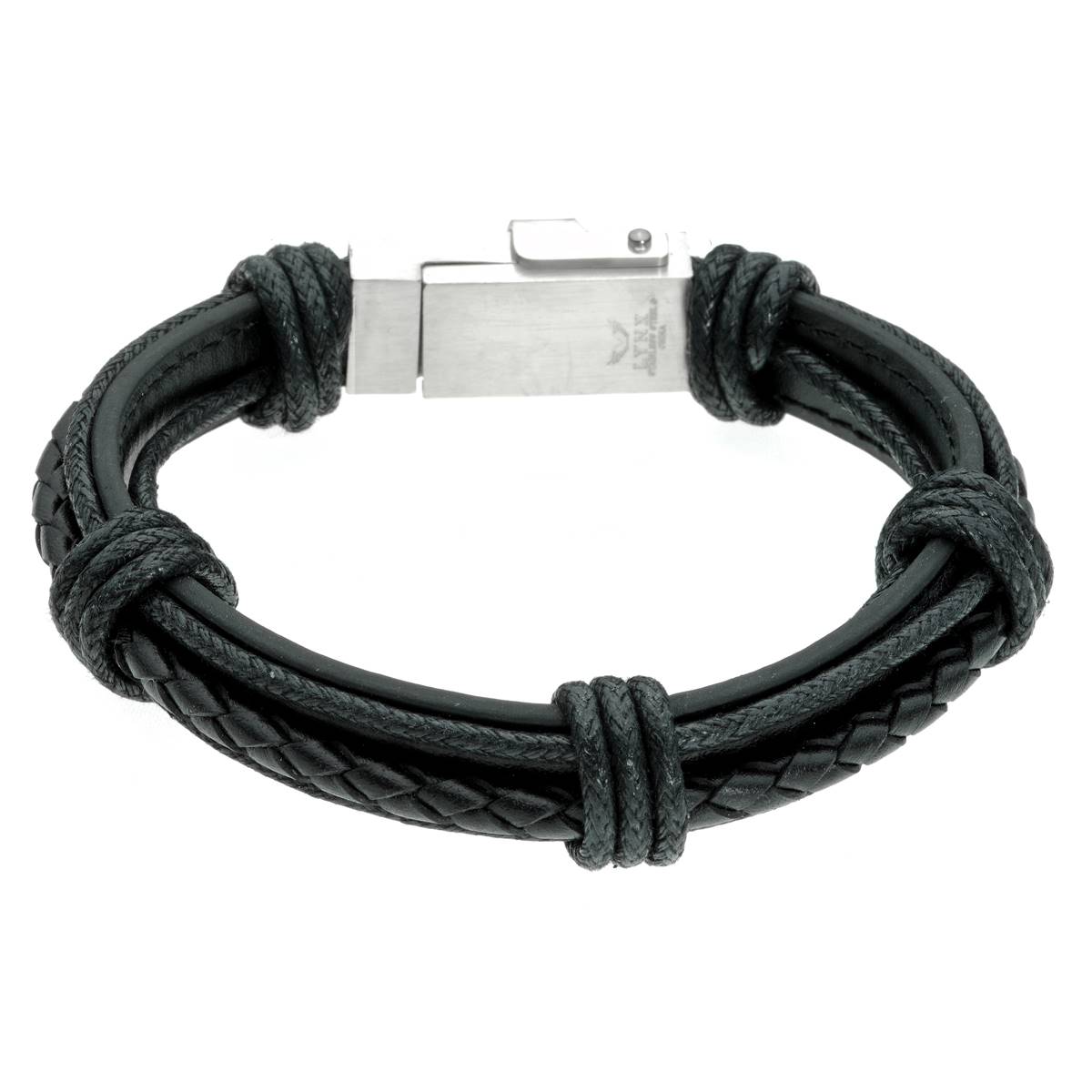 Mens Lynx Stainless Steel & Black Leather USB Charger Bracelet