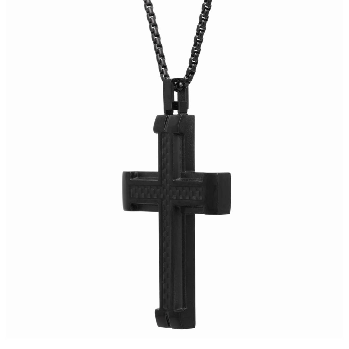 Mens Lynx Carbon Fiber & Black Ion Plating Chain Cross Pendant